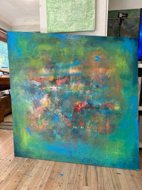 No. 22 — abstract painting by Julie Brayton. Turquoise opening onto a warm centre.