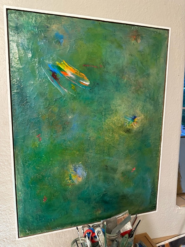 No. 23 — abstract painting by Julie Brayton. Deep green, punctuated with colour.
