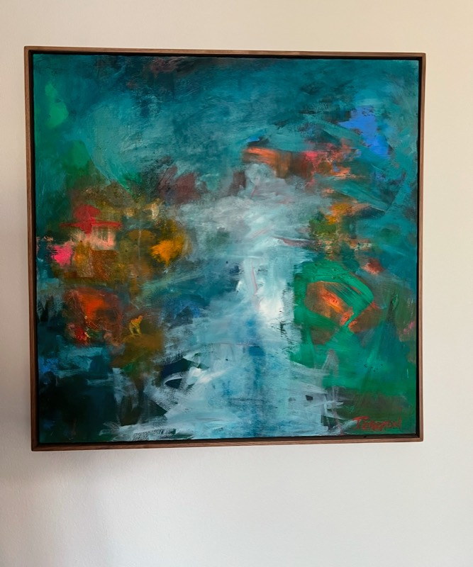 No. 25 — abstract painting by Julie Brayton. Emerald, split by a white current.