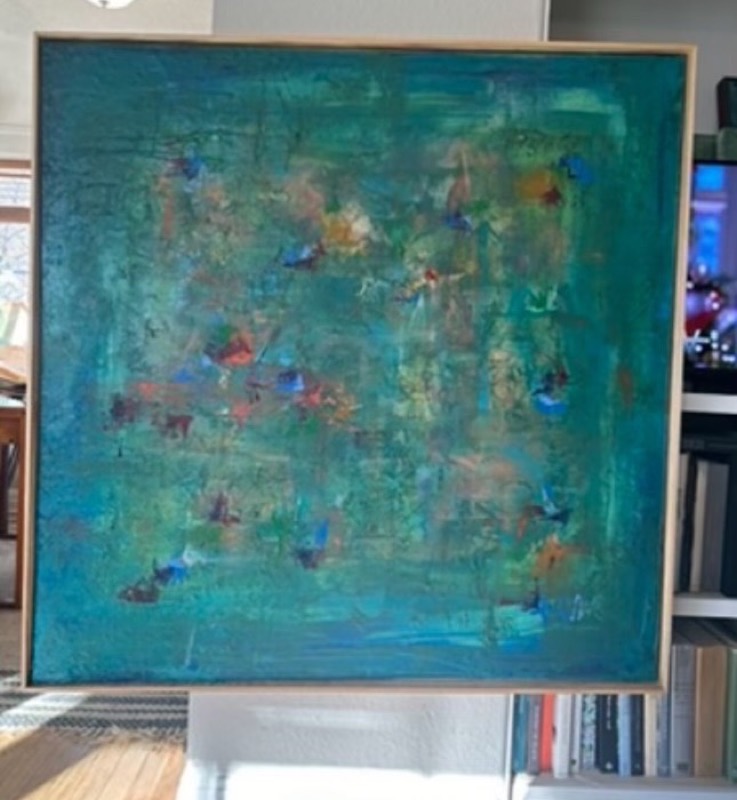 No. 26 — abstract painting by Julie Brayton. Turquoise, scattered colour.
