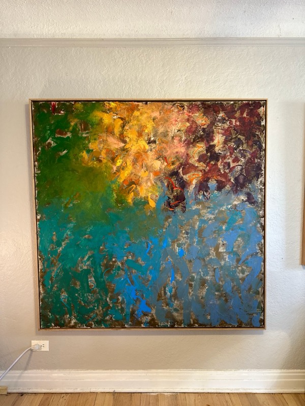 No. 01 — abstract painting by Julie Brayton. Amber, viridian, turquoise and oxblood.