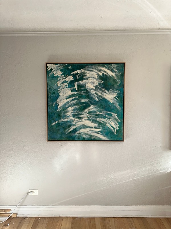 No. 06 — abstract painting by Julie Brayton. Deep teal, cut with white brushwork.