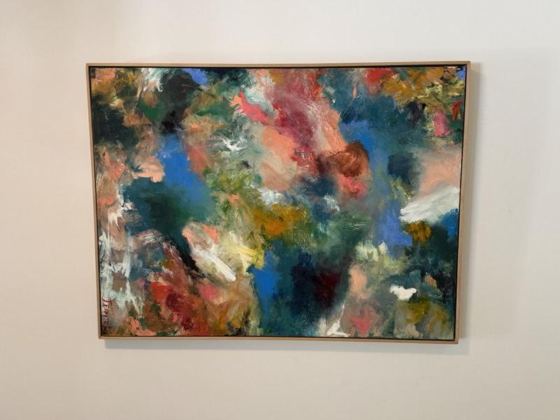 No. 07 — abstract painting by Julie Brayton. Coral, cobalt and moss over white.