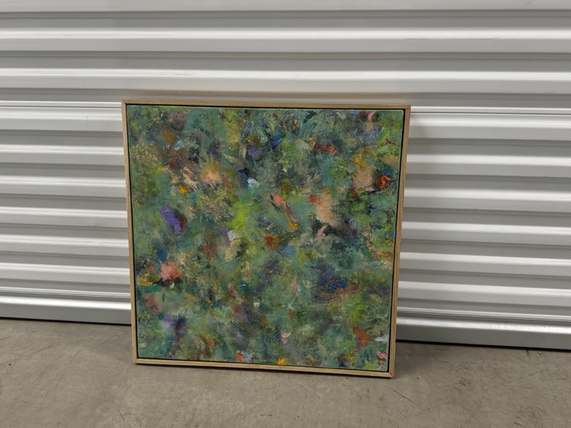 No. 12 — abstract painting by Julie Brayton. Moss green, flecked with rose and gold.
