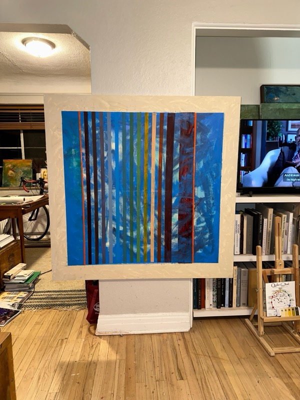 No. 03 — abstract painting by Julie Brayton. Cobalt, banded in rust and gold.
