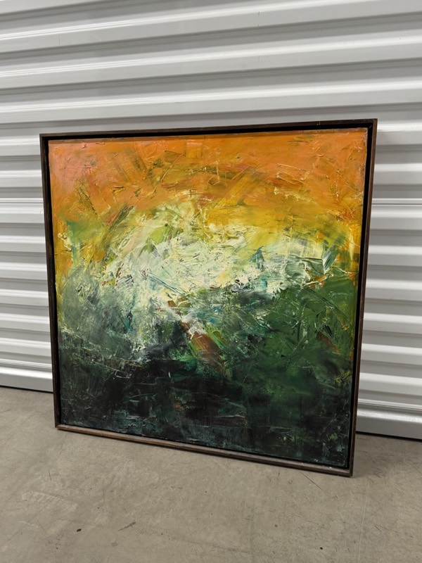 No. 10 — abstract painting by Julie Brayton. Marigold breaking over forest green.