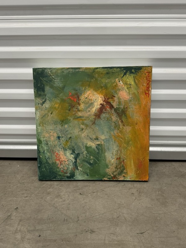 No. 13 — abstract painting by Julie Brayton. Sage, apricot and rust.