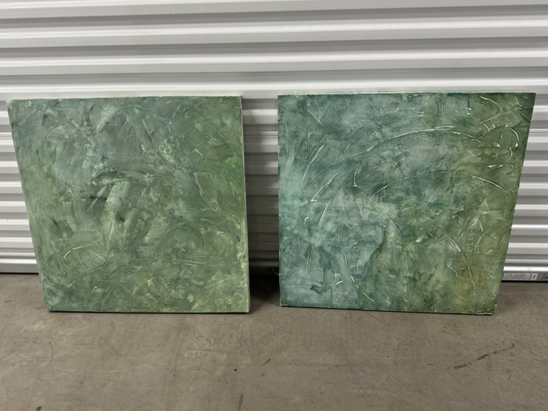 No. 15 — abstract painting by Julie Brayton. Celadon, in two panels.
