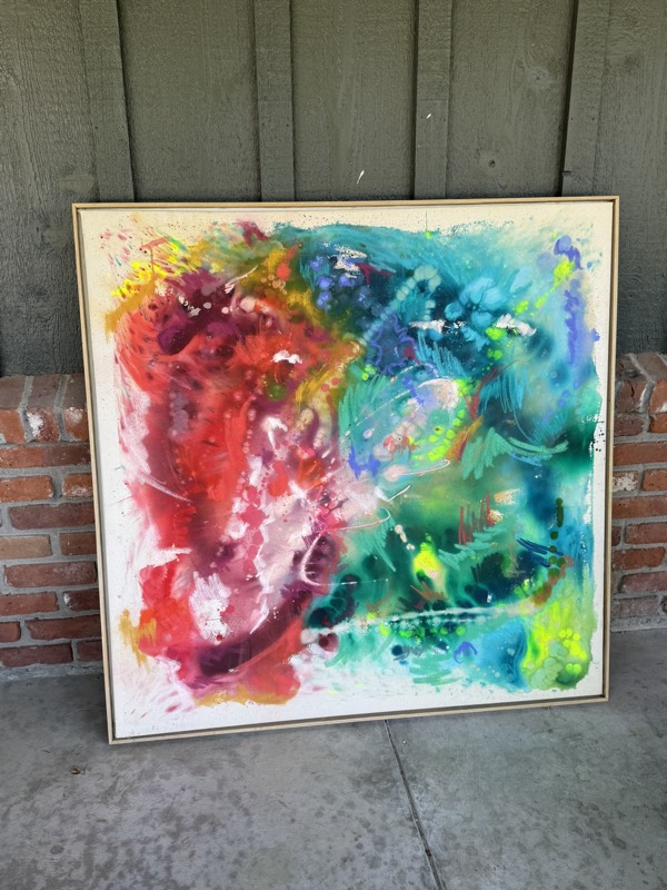 No. 02 — abstract painting by Julie Brayton. Crimson and emerald over white.
