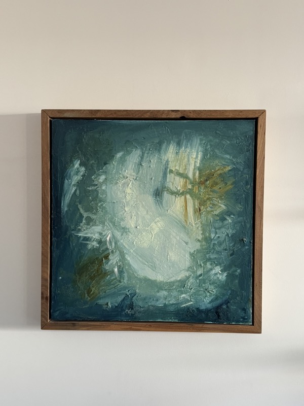 No. 14 — abstract painting by Julie Brayton. Petrol blue and gold, in a raw oak float frame.