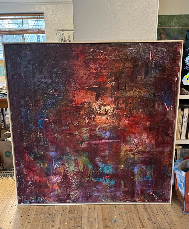 No. 18 — abstract painting by Julie Brayton. Oxblood, ember and violet.